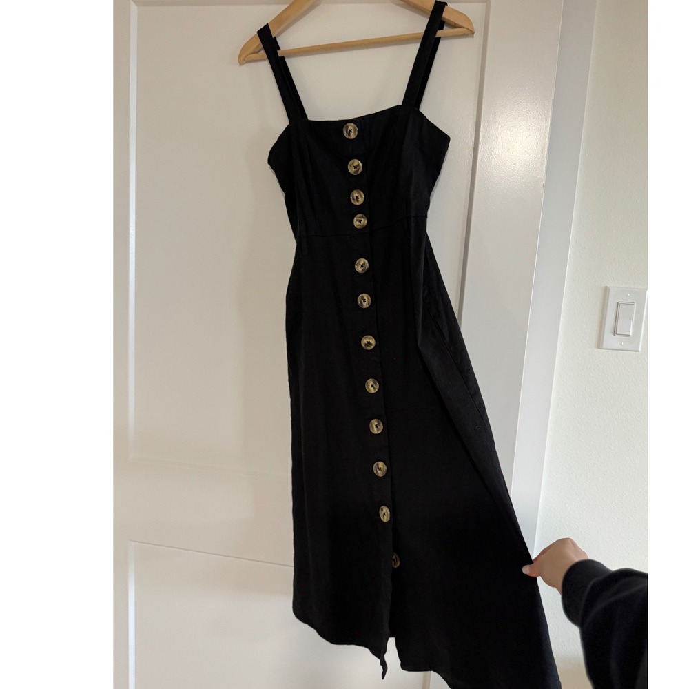 FOREVER 21 Black Linen Blend Button Down Midi Dress EUC - Picture 4 of 7